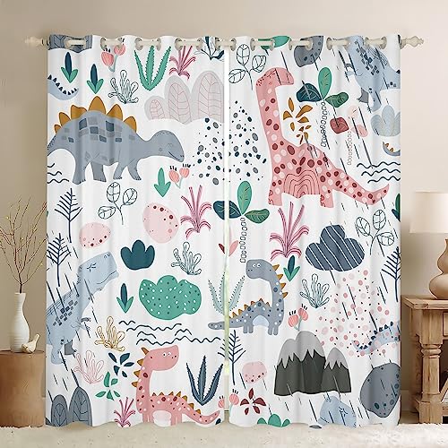 Loussiesd Dino Blickdichte Vorhänge Cartoon Dinosaurier Fenstervorhang 175x140cm Jungle Tier Vorhänge Kinder Kleinkind Rosa Grau Dinosaurier Vorhänge für Wohnzimmer von Loussiesd