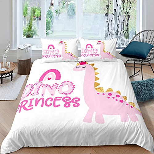 Loussiesd Dinosaurier Bettbezug Set Kinder Mädchen Rosa Niedliche Dino Bettwäsche Set 135x200cm Prinzessin Stil Betten Set für Kinder Schlafzimmer Dekor Dschungeltier Mit 1 Kissenbezug von Loussiesd