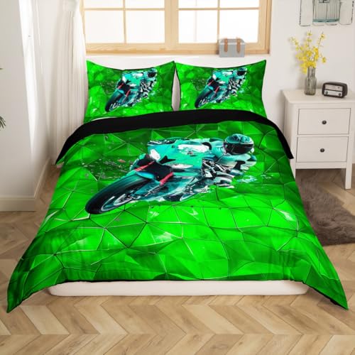 Loussiesd Dirt Bike Bettwäsche Set 135x200cm Grüne Wabe Betten Motorrad Wabe Bettbezug 3D Effekt Bettwäsche-Set Hexagonal Moderne Kunst von Loussiesd