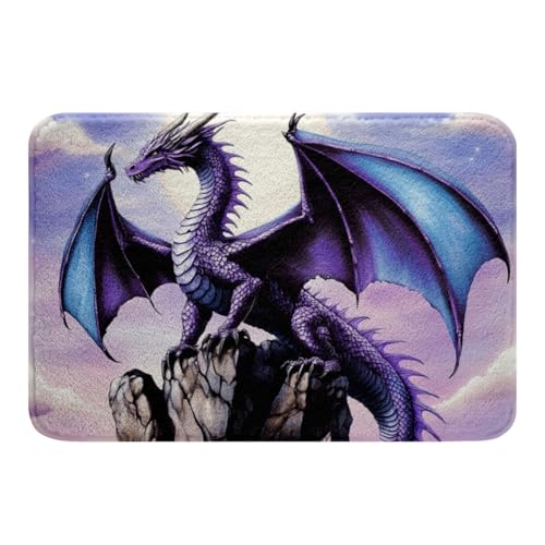Loussiesd Drachen Badezimmerteppich 3D Drachen Thema Waschbar Badematte 50x80cm Dekoration Ancient Wildtiere Drachen Tief Tier Magical World Scale Badteppiche Lila Badvorleger von Loussiesd
