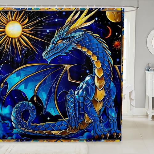 Loussiesd Drachen Duschvorhang Textil 5D Buntglas Wasserdichtes Duschvorhang 180x200cm Ancient Wildtiere Drachen Tief Tier Glitzer Duschvorhang Textil für Blau Duschvorhang Mit Haken für Stände von Loussiesd