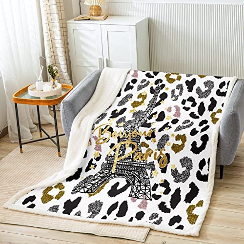 Loussiesd Eiffelturm Sherpa Decke Leopardenmuster Flanell Fleecedecke für Kinder Jungen Mädchen Paris-Turm Wohndecke Plüschdecke Geparden-Druck Kuscheldecke für Schlafsofa, 150x200cm von Loussiesd