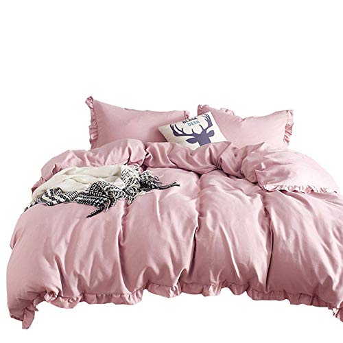 Loussiesd Einfarbig Rosa Bettwäsche Set mit Rüschen 2 teilig 155x220 cm + 80x80cm Damen Romantisch Bettbezug Weich Atmungsaktiv Polyester-Baumwolle Betten Set mit 1 Kissenbezug, Hellrosa von Loussiesd