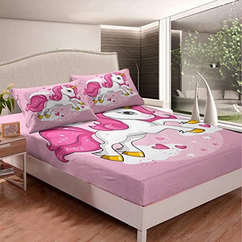 Loussiesd Einhorn Bettlaken Set für Kinder Mädchen Magisch Tier Drucken Spannbetttuch Fantasie Einhorn Thema Spannbettlaken 140x200cm Fee Karikatur Muster Schlafzimmer Dekor 2St Rosa von Loussiesd