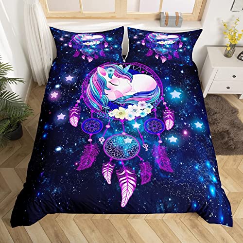 Loussiesd Einhorn Bettwäsche Kinder Karikatur Bettbezug Set Lila Blau Galaxie Traumfänger 200x200cm Mädchen Jungen Jugendliche Tier Dekor Boho Galaxy von Loussiesd