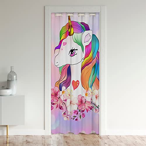 Loussiesd Einhorn Schwarzout Vorhangs Fenster Mädchen Cute Einhorn Behandlungen Türvorhang 106x203cm Zimmer Verdunkelung Einhorn Glitzer Floral Schwarzout Vorhangs für Türen mit Fenster von Loussiesd