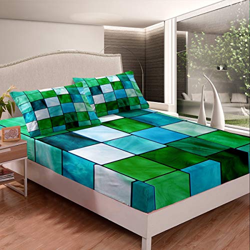 Loussiesd Emerald Fitted Sheet Geometrische Patchwork Spannbetttuch für M?dchen Teenager Jugend Frau Schlafzimmer Geschenk, Vintage Gradient Green Spannbettlaken 140x200cm, dekorativ schick 2 STK von Loussiesd