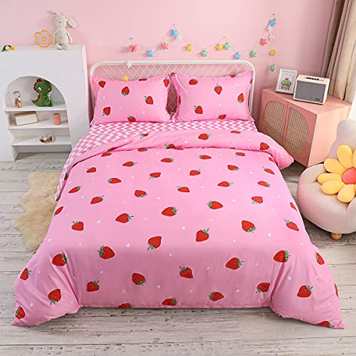 Loussiesd Erdbeere Bettwäsche Set 200x200cm für Kinder Mädchen Frauen Rosa Bettwäsche Erdbeere Muster Bettbezug Set 3 Teilig 100% Mikrofaser Betten Set Sanft Niedliche Früchte drucken Bettwäsche von Loussiesd