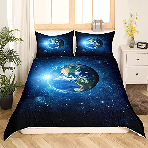 Loussiesd Erde Bettwäscheset 135x200cm Kinder Jungen Mädchen Bettwäsche Set Blaue Galaxie Universum Planet Motif Bettbezug Set mit 1 Kissenbezug 80x80cm Reißverschluss Sanft Mikrofaser-Polyester von Loussiesd