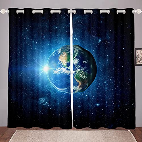 Loussiesd Erde Fenstervorhang 137x117cm Kinder Jungen Mädchen Vorhänge Blaue Galaxie Universum Planet Motif Blickdichte Vorhänge Mikrofaser Polyester von Loussiesd