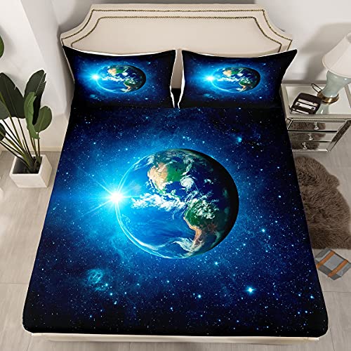 Loussiesd Erde Spannbettlaken 160x200cm Kinder Jungen Mädchen Spannbetttuch Blaue Galaxie Universum Planet Motif Bettlaken Set mit 1 Kissenbezug Sanft Mikrofaser Polyester von Loussiesd