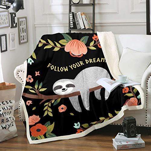 Loussiesd Faultier 220x240cm Kuscheldecke Kinder Faultier Tiere Wohndecke Tropische Blumen Blätter Flanell Fleecedecke Schwarz für Jungen Mädchen Mikrofaser Decke Netter Karikatur Faultier Wohndecke von Loussiesd