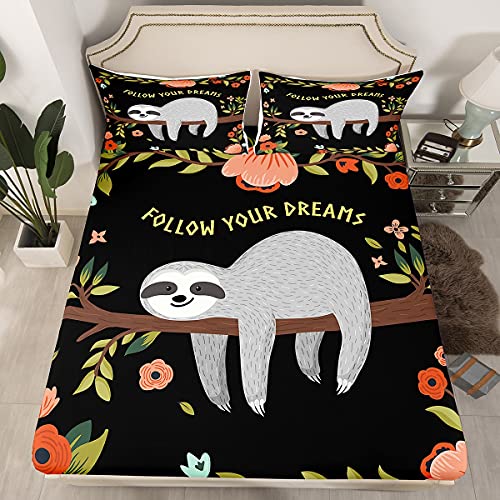 Loussiesd Faultier Spannbettlaken 140x200cm Kinder Faultier Tiere Tropische Blumen Blätter Bettlaken Set Schwarz für Jungen Mädchen Mikrofaser Spannbetttuch Netter Karikatur Faultier Spannbettlaken von Loussiesd