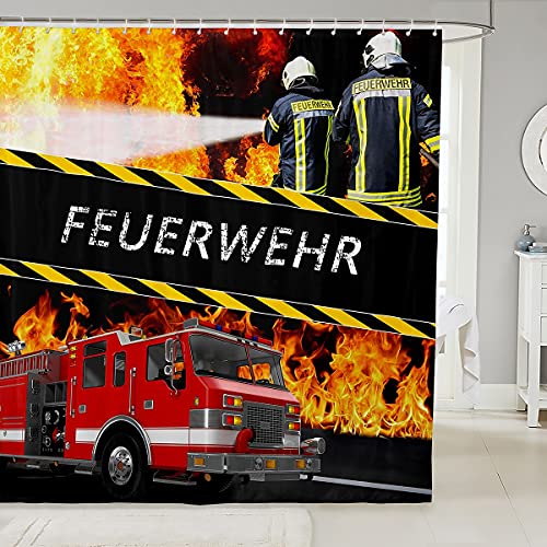 Loussiesd Feuerwehr Thema Duschvorhang Textil Feuerwehrwagen Duschvorhang 180x200cm für Jungen Kinder Jugendliche Zimmer Dekorativ Fahrzeug Auto Coole Feuerwehrmänner von Loussiesd