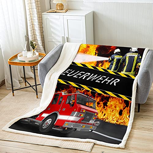 Loussiesd Feuerwehr Thema Kuscheldecke Feuerwehrwagen Decke 130x150cm für Jungen Kinder Jugendliche Zimmer Dekorativ Fahrzeug Auto Wohndecke Coole Feuerwehrmänner Flanell Fleecedecke von Loussiesd