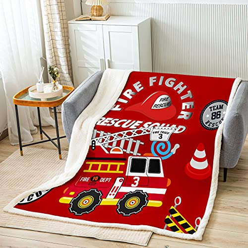 Loussiesd Feuerwehrauto Wohndecke Flanell Fleecedecke Kinder Rotes Feuerwehrauto Decke 130x150cm für Jungen Dekor Kinder Niedlich Karikatur Auto Kuscheldecke Einsatzfahrzeuge Kein Flachblech von Loussiesd