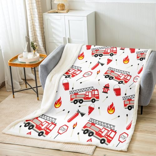 Loussiesd Feuerwehrwagen Kuscheldecke für Sofa Feuerwehrmann Flanell Fleecedecke Mädchen Feuerwehrmann Auto Fahrzeug Feuerwehr Weiß Rot Decke 100x130cm Karikatur Auto Wohndecke von Loussiesd
