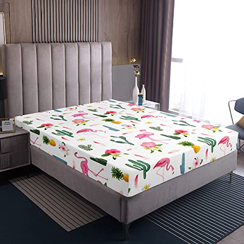 Loussiesd Flamingo Drucken Spannbetttuch Tropische Ananas Kaktus Blumen Muster Spannbettlaken Kinder M?dchen Frauen Bettlaken 90x200cm Leicht rutschfeste Mikrofaser von Loussiesd