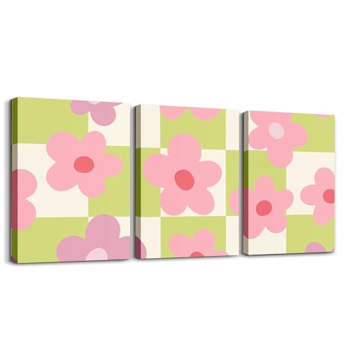 Loussiesd Floral Drucken 3er Poster Set Mädchen Cartoon Blume Wandbilder Set Blüte Botanische Geometrische Regelmäßige Plaid Leinwandbilder Grün Deko Bilder von Loussiesd