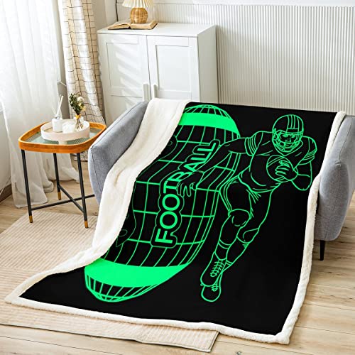 Loussiesd Football Kuscheldecke für Mädchen Jungen Fußball Ballspiel Grün Neon Wohndecke Dekoratives Rugby Sports Decke 150x200cm American Football Spieler Wohndecke Flanell Fleecedecke von Loussiesd