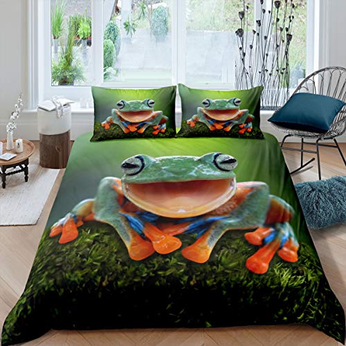 Loussiesd Frosch Bettbezug Set Tropische Amphibien Bettwäsche Set 135x200 cm 3D Tier Thema Bettbezug Set für Kinder Jungen Mädchen Tropischer Regenwald Natur Thema Bettwäsche Grün von Loussiesd