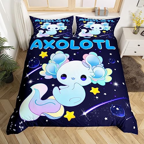 Loussiesd Galaxie Axolotl Bettbezug Set Cute Axolotl Betten Set für Kinder Cartoon Salamunder Bettwäsche Set 135x200cm Blau Axolotl Bettdeckenbezug Meerlife Dekor Mikrofaser Bettwäsche Reißverschluss von Loussiesd