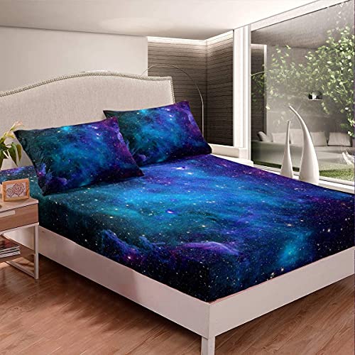 Loussiesd Galaxie Spannbettlaken Lila Blau Kinder Mädchen Sternenhimmel Spannbettlaken 140x200cm für Frauen Jungen Weich Atmungsaktiv rutschfest Microfaser Milchstraße Bettlaken Set mit 1 Kissenbezug von Loussiesd