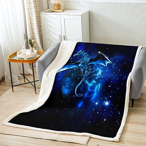 Loussiesd Galaxis Drachen Kuscheldecke Kinder Schick Weltraum Sternenhimmel Decke 150x200cm Flanell Fleecedecke Dschungeltiere Drachen für Jungen Kinder Schlafzimmer Dekor Blau Schwarz Wohndecke von Loussiesd