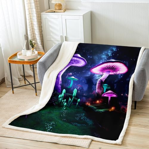 Loussiesd Galaxis Pilz Kuscheldecke Lila Grün Pilz Decke 150x200cm für Kinder Jungen Mädchen Natur Wildpilz Wohndecke Weich Flanell Fleecedecke von Loussiesd