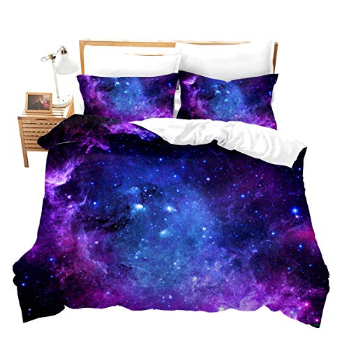 Loussiesd Galaxy Bettbezug-Set, Doppelbett, für Mädchen, Jungen, Kinder, Teenager, Sternenhimmel, Bettwäsche-Set, hellblau, lila, Deckenbezug mit 2 Kissenbezügen, Sterne, einzigartig, 3-teilig von Loussiesd