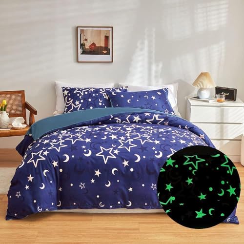 Loussiesd Galaxy-Bettwäsche-Set für Mädchen, Kinder, leuchtet im Dunkeln, Blau, Universum, Sternennacht, Bettbezug, superweich, leuchtend, 135 x 200 cm, Bett, Weltraum, Sterne, Mond, von Loussiesd