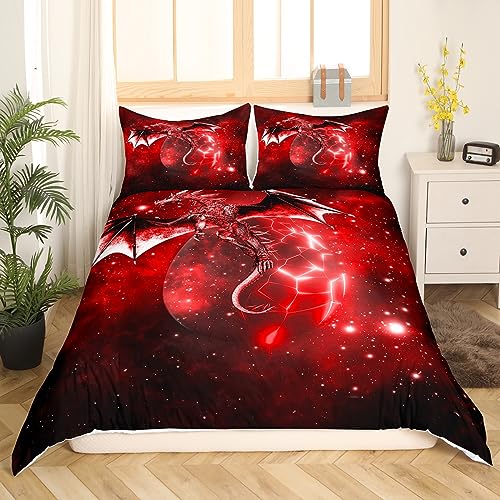 Loussiesd Galaxy Dragon Bettwäsche 155x220 cm Kinder Chic Weltraum Sternenhimmel Bettwäsche Set Dschungeltiere Drachen Bettbezug für Jungen Kinder Teens Schlafzimmer Dekor Rot Schwarz Betten Set von Loussiesd