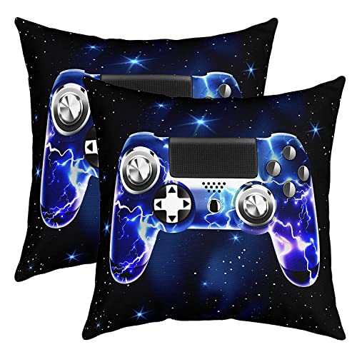 Loussiesd Galaxy Gamepad Kissenbezug Lila Lightning Design Gamepad Kissenhülle für Couch Sofa Bett Videospiel Gamer Dekokissen Game Controller Kissenbezüge 50x50cm Quadrat Wurf Kissenbezüge Set von Loussiesd