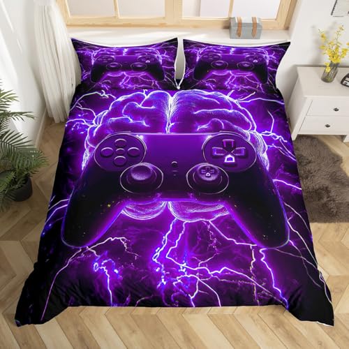 Loussiesd Gamepad Bettwäsche Set 135x200cm Blitz Gehirn Spiele Videospiele Betten Set Game Room Dekor Bettbezug Moderne Vr Spieler Bettbezug Set Teen Jungen Zimmer Dekoration Bettwäsche-Set Lila von Loussiesd