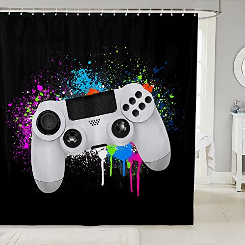 Loussiesd Gamepad Duschvorhang Textil Jungen Spieler Duschvorhang 180x200cm Videospiel Gamepad Für Jugendliche Kinder Schlafzimmer Dekor Bunte Krawattenfarbe Modern Spiel Regler von Loussiesd