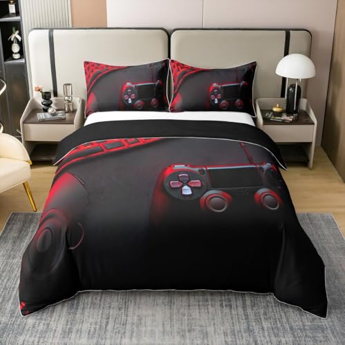 Loussiesd Gamer 100% Baumwolle Bettwäsche Set 220x240cm Gaming Gamepad Bettbezug Set Spiel Controller Game Room Dekor Betten Set für Jungen Mädchen Kinder Schwarz Bettwäsche-Set Rot von Loussiesd