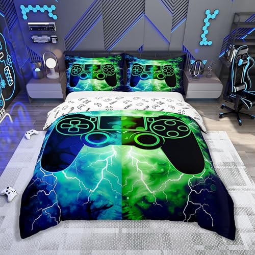 Loussiesd Gamer Gaming 100% Baumwolle Bettwäsche Set 220x240cm Blitze Gamepad Betten für Spielkonsole Betten Grün Blau Modern Bettwäsche-Set von Loussiesd