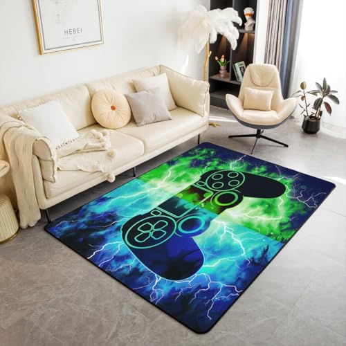 Loussiesd Gamer Gaming Teppich 150x200cm Blitze Gamepad Modern Teppich für Spielkonsole Modern Teppich Grün Blau Modern Küchenteppich von Loussiesd