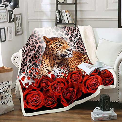 Loussiesd Gepard Kuscheldecke Rose Rose Blumen Wohndecke für Erwachsene Botanisch Blumen Leopard Decke 220x240cm Tierwelt Flanell Fleecedecke von Loussiesd