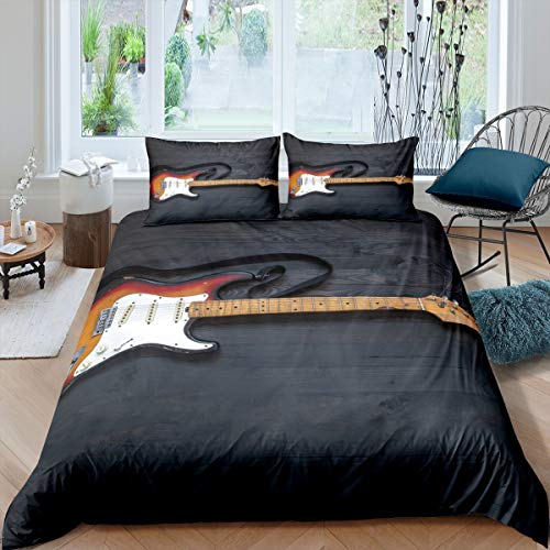 Loussiesd Gitarre Bettwäsche Set 155x220cm Rockmusik unter dem Motto Bettbezug Set Musikalische Muster Betten Set für Jungen Mädchen Schwarz Wood Grain Drucken mit 1 Kissenbezug von Loussiesd