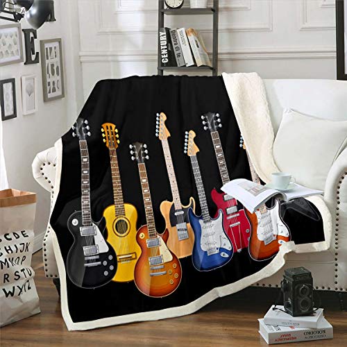 Loussiesd Gitarre gedruckt Kuscheldecke Rockmusik Thema Flanell Fleecedecke 150x200cm für Bett Buntes Musikmuster Wohndecke Hip Hop Streifen Decke von Loussiesd