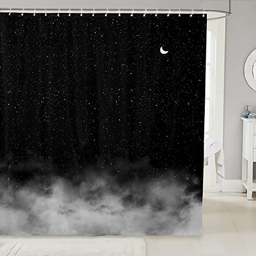 Loussiesd Glänzender Stern Druck Duschvorhang Textil Mond Sterne Himmel Duschvorhang 180x210cm Farbverlauf Schwarz Grau Badezimmer Stoff Boxen Badewannen Deko Romantischer Stil wasserdichte Vorhänge von Loussiesd