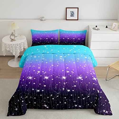 Loussiesd Glitzer Stern Drucken Bettdecke 200x200cm für Mädchen Jungen Ombre Blau Lila Bunt Steppbett Dekorative Stylish 4-Jahreszeiten Bettdecke Traumhaft Steppdecke Winter Sommer Bettdecke 3Stück von Loussiesd