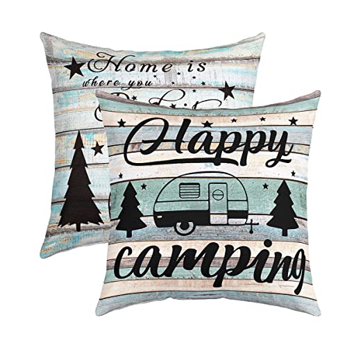 Loussiesd Glückliche Camping Kissenbezüge 2er Set Weiche Camper Kissenhülle Für Wohnzimmer Schlafzimmer Cartoon Camping Auto Dekorative Rustikale Holz Dekokissen für Sofa Stuhl Kissenbezug 50x50cm von Loussiesd