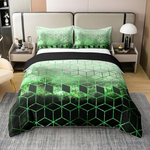 Loussiesd Grün Schwarz 100% Baumwolle Bettwäsche Set 135x200cm Geometrische Luxus Betten Set für grüne Wabe Bettbezug Set von Loussiesd