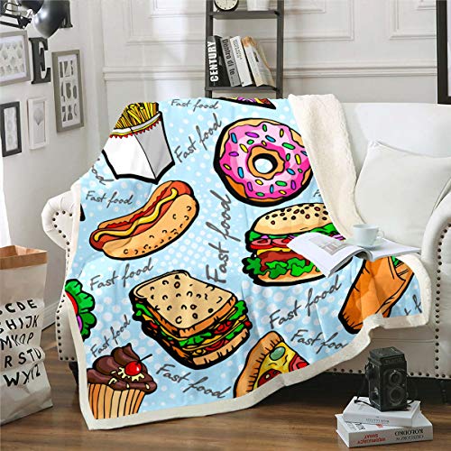 Loussiesd Hamburger Fleece Kuscheldecke Donuts Hot Dog Decke Fsat Food Thema Decke für Raumdekor Köstliche Snacks Flanell Fleecedecke 150x200cm von Loussiesd