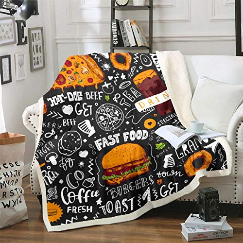 Loussiesd Hamburger Fleece Kuscheldecke Pizza Cola Decke Fast Food Thema Decke für Raumdekoration Leichtes Cartoon Essen Flanell Fleecedecke 220x240cm von Loussiesd