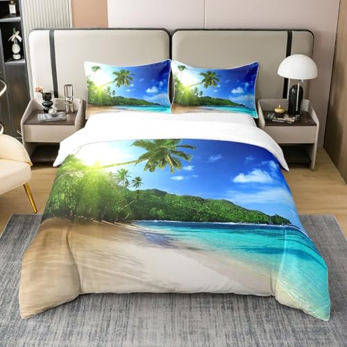 Loussiesd Hawaiian Strand Bettwäsche Set 220x240cm 100% Baumwolle Ozean Meer Bedrucktes Bettbezug Set für Kinder Palm Tree Drucken Betten Set Sommerferien Urlaub 3St. mit 2 Kissenbezug von Loussiesd