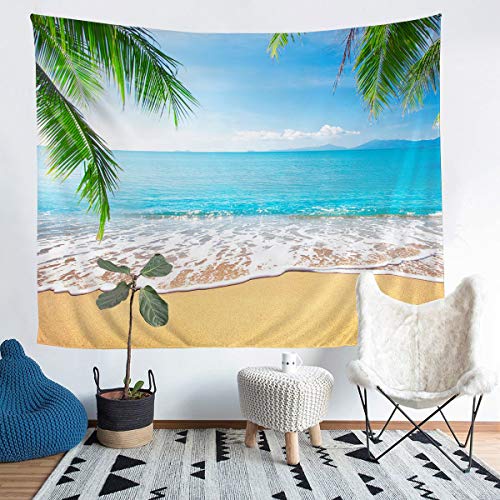 Loussiesd Hawaiian Strand Tapisserie für Kinder Kleinkind Erwachsene Meer Drucken Wandbehang Tropical Tree Wandteppich Raumdekor Palmblatt Wandkunst Sommer 148x200cm Picknickdecke von Loussiesd