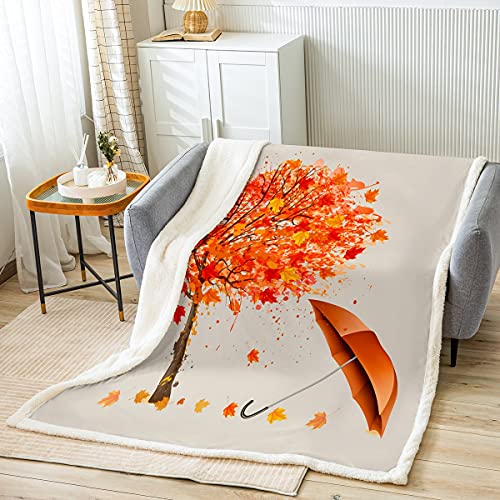 Loussiesd Herbst Marple Decke 130x150cm Mädchen Schick Blatt Regenschirm Wohndecke für Kinder Jugendliche Damen Zimmer Retro Dekor Kuscheldecke Orange AST Flanell Fleecedecke von Loussiesd